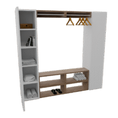 Armário Akimob MDF com estrutura metálica preta e nichos abertos.